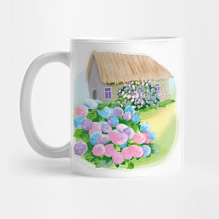 house in french countryside with hydrangea Mug